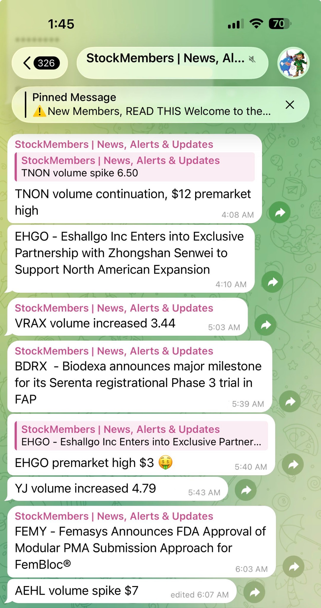 Real StockMembers premarket Telegram alerts